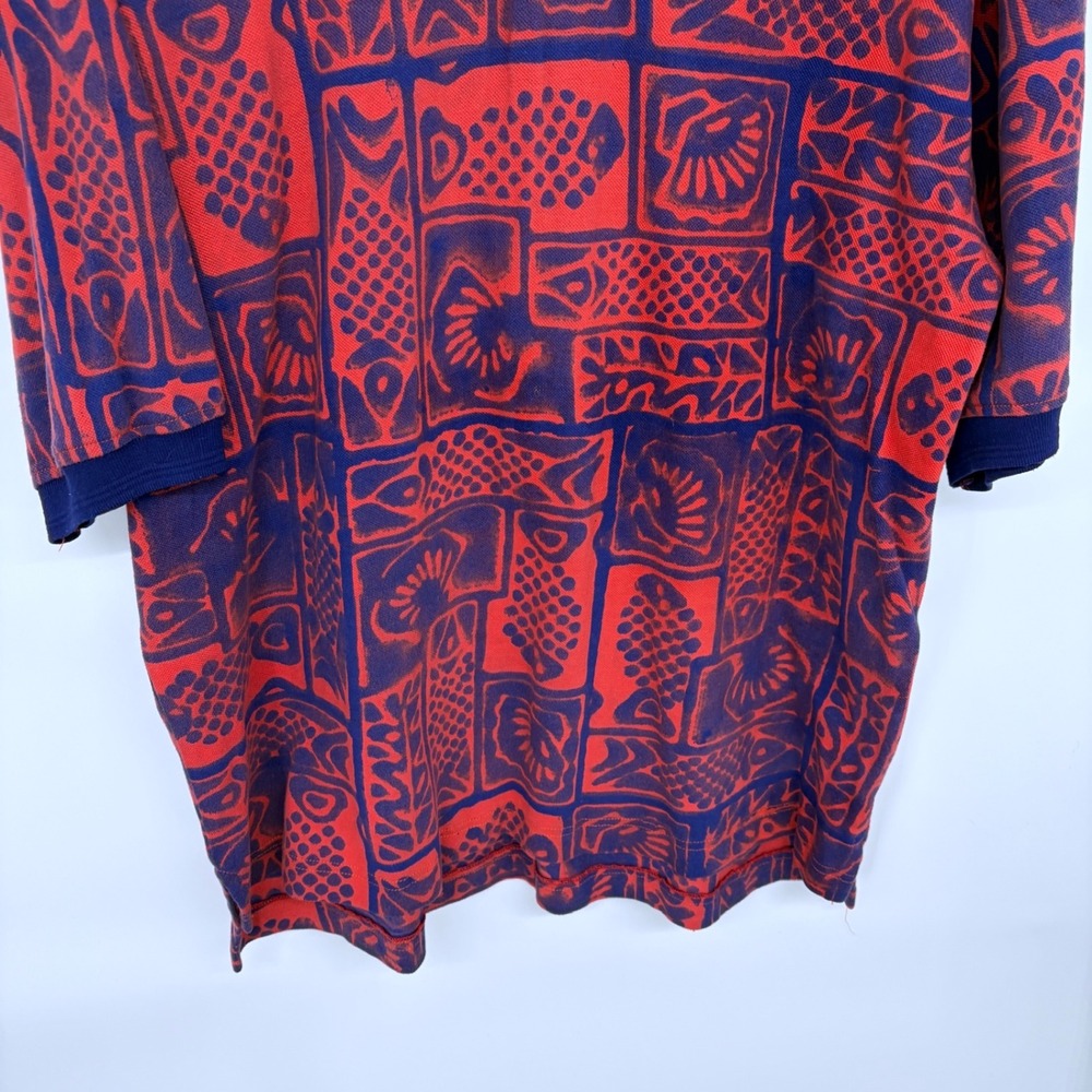 Vintage Back East Fishbones Aztec Pattern Polo Shirt Large Orange Blue 90s - Picture 3 of 6